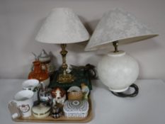 Three table lamps and shades, boxed Royal Grafton plates, beer stein, trinket dishes,