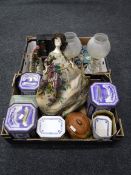 Two boxes containing ornaments, lacquered trinket box, pair of glass table lamps, Ringtons tins,