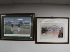 A framed I Lindsay print - The Tyne Bridge at sunset,