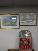 An octagonal gilt framed mirror, a framed tapestry,