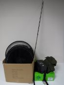 A box containing a Hardy sovereign rod two piece keep net, Dunlop waders, fishing bag, knife,