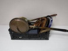 A box containing pub trays, copper plaques, bed warming pans, plated ware,