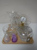 A tray containing assorted lead crystal and cut glassware, including boxed Royal Brierley rose bowl,