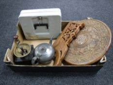 A box containing an Eastern occasional table, a metal cash box with key,