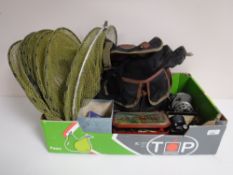 A box of fishing bag, reels, floats,