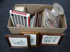 A box containing LP's, photo frames, bar trays,