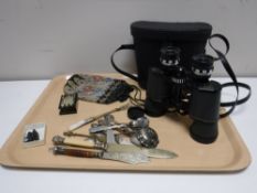 A tray of cased Panorama binoculars, beadwork purse,