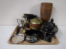 A three piece gilded Victorian tea service together with an oak brass lidded biscuit barrel,