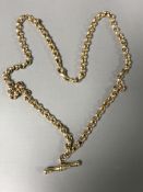 A 9ct gold pocket watch chain with t-bar, 10.2g.