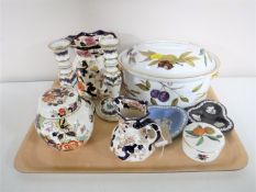 A tray of two Masons Mandolay jugs and a ginger jar, pair of Dresden china candlesticks,