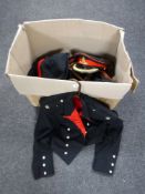 A box of military Army dress uniform, military caps,