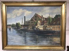 Continental school : Boats in a harbour, oil on canvas, indistinctly signed, framed.