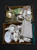Two boxes containing Swan planters and ornaments, assorted glass ware, china, shell dish,