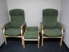 A pair of beech framed Nordic easy chairs with stools,
