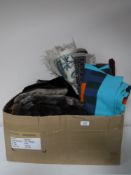 A box of leather bags, patchwork quilt, hearth rugs,