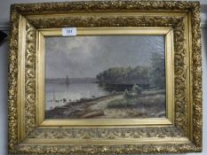 An early twentieth century oil on canvas, 'sailboat of a shoreline', signed Hess,