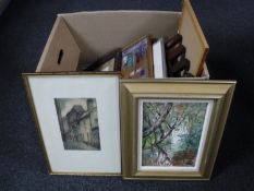 A box containing continental school, pictures and prints, including abstract oils, etchings,