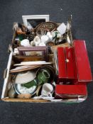 Two boxes containing four boxed Spode serving and flan dishes, glass ware, wall plates,