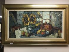 Continental school : Abstract still life of fruit, oil on canvas, indistinctly signed, framed.