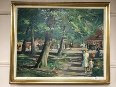 Continental school : Figures in a park, oil on canvas, indistinctly signed, dated 55, framed.