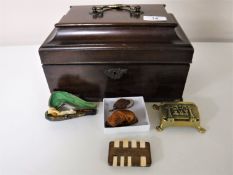 A 19th century mahogany caddy, together with a brass box, a Japanese bezique marker, a boxed pipe,