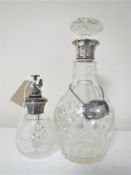 A silver mounted decanter with sherry label together with a silver mounted atomiser