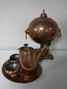 A 20th century copper samovar together with a copper serving tray, coffee pot,