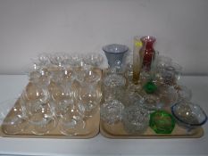 Two trays of glassware including martini glasses, grapefruit dishes, part trinket sets, glass vases,