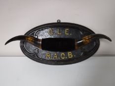 A set of buffalo horns mounted on plaque