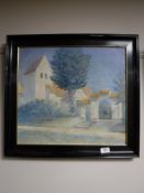 A black framed oil on canvas depicting a Mediterranean villa,