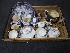 A box containing a large Royal Doulton character jug, Ringtons blue and white china,