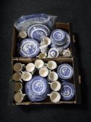 Two boxes of Willow pattern tea and dinner ware and a vintage glass punch bowl