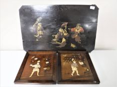 A pair of Japanese Shibayama panels, Meiji period, inlaid with ivory and mother of pearl,