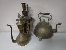 A 20th century brass samovar together with an Eastern brass teapot and coffee pot