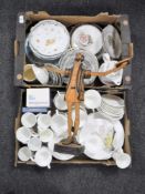 A wooden figure of Don Quixote, together with two boxes of assorted dinner ware,