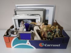 Two Harrods wicker hampers together with a box containing assorted chalk figures, swan ornaments,