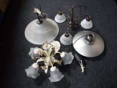 Three contemporary metal light fittings with glass shades together with a circular chrome hanging