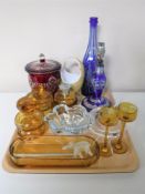 Glassware to include a part amber glass dressing table set, Orrefors bowl,