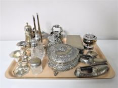 A tray of 20th century plated ware and metal ware including cigarette box,