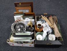 Two boxes containing assorted tea china, Aynsley ware, glass ware, framed pictures, gardening books,