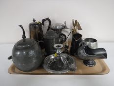A tray containing twentieth century pewter and plated ware