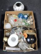 Two boxes of assorted glassware, plated ware, contemporary thermometer,