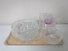 A tray containing Webb crystal fruit bowls,