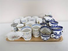A tray of fifteen pieces of Booths Real Old Willow china, commemorative mugs, egg coddler,