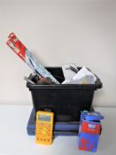 A welders gas bottle trolley together with a box containing welding tools and a further plastic box