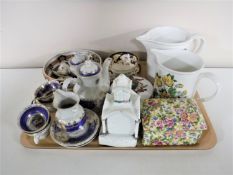 A tray containing children's tea service, miniature German tea service, two Portmeirion jugs,