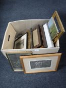 A box containing continental school pictures and prints, including etchings, signed photograph,