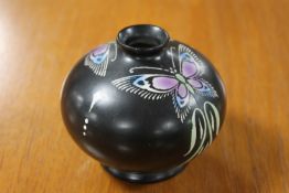 A squat Shelley Art Deco vase with butterfly decoration,