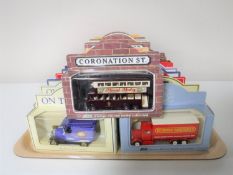 A tray containing thirty boxed diecast vehicles including Lledo, Days Gone, Coronation Street,