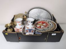 A box containing a collection of wall plates, pair of oriental vases, plated gallery tray,